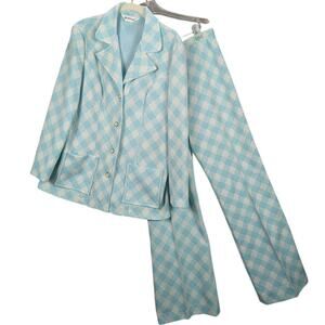 Vintage Leisure Suit Womens Large Blue Plaid Button Front Straight Wide Leg Pant
